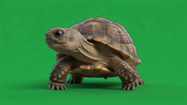 A small tortoise with a hard shell walks slowly on a vibrant green background, showcasing its unique reptilian features.