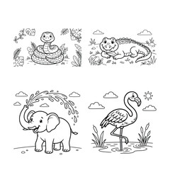 Obraz premium Cute Wild Animal Coloring Pages Featuring A Snake And A Crocodile In Detailed Line Art Format.