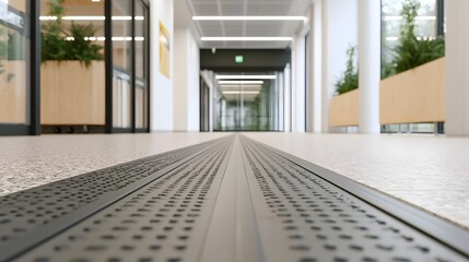 Fototapeta premium A low angle view of tactile paving strips running down a modern office hallway with glass walls and indoor plants