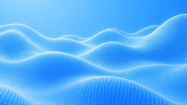 Abstract 3D wireframe grid mesh wave background in minimal blue and white 