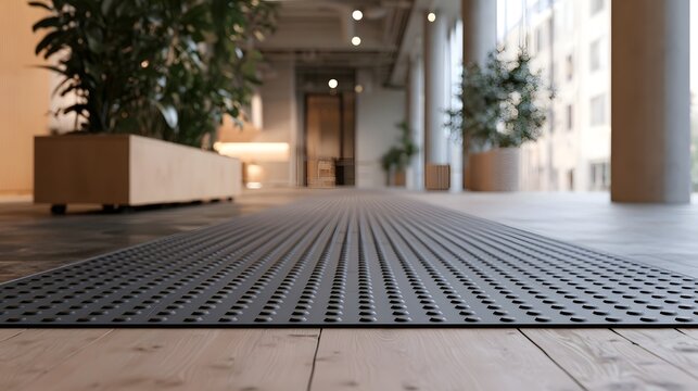 A close up view of a textured metal floor mat leading into a modern interior space with potted plants and architectural columns