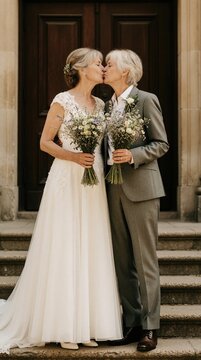 Senior lesbian couple kiss on wedding day. Two mature women in bridal attire hold flower bouquets. Elegant bride in lace dress, wife in grey suit celebrate marriage outside. Romantic queer love