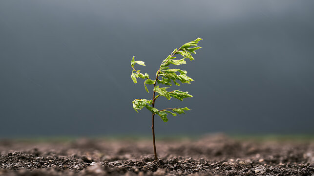 A small green beech tree sapling Fagus sylvatica struggle to survive against strong wind in an open field with dark dramatic stormy sky