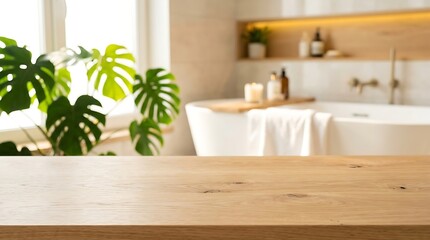 Fototapeta premium Empty wooden table top with blurred modern bathroom interior with bathtub and monstera plant in background
