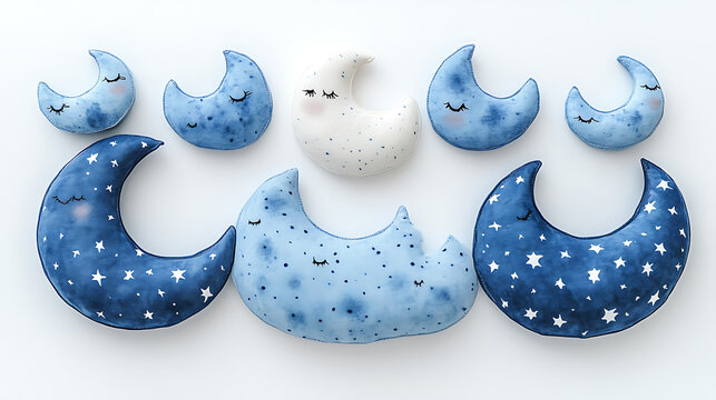 A charming pastel cartoon depiction of drawer and cabinet locks shaped like sleepy moons in gentle blue and white against a stark white backdrop 