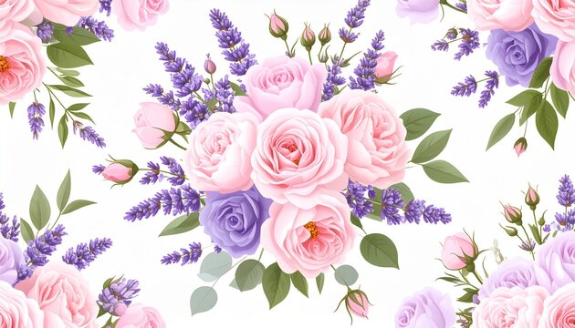Seamless floral pattern with pink roses and lavender bouquets for textile and wallpaper design
