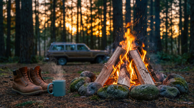 Cozy campfire beside hiking boots and mug at forest campsite during sunset