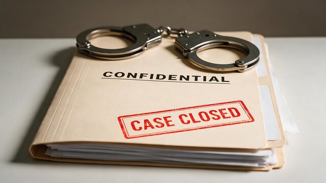 The handcuffs lay on top of a confidential legal file, stamped with "Case Closed."