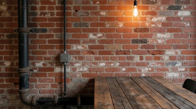 Rustic brick wall background with wooden table and vintage hanging Edison light bulb