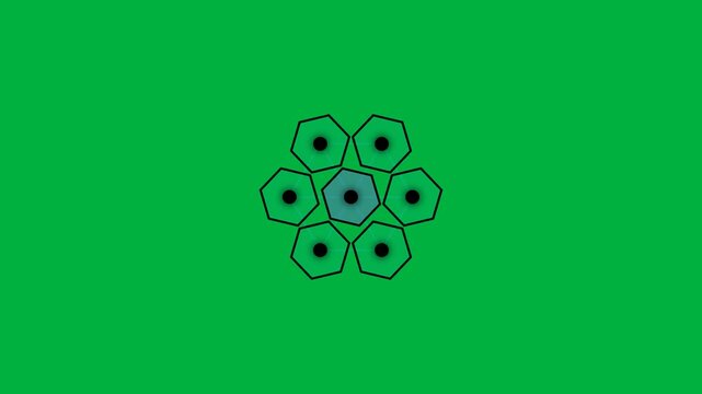 Abstract chemical benzene ring molecule structure rotating on green background flat design.