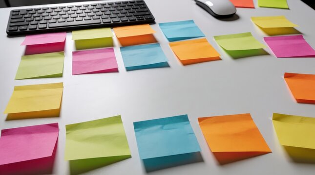 Colorful sticky notes on office desk with computer keyboard for project planning and tasks