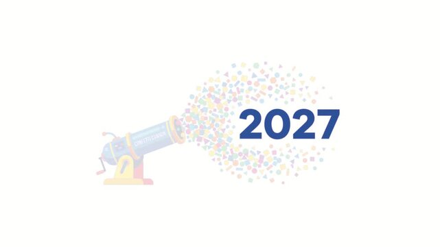 Blue confetti cannon firing colorful festive shapes towards the upcoming year 2027 in this vibrant motion video animation featuring minimalist flat design and clean vector graphics