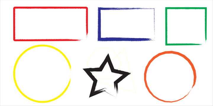 PrintSet of Colorful Grunge Geometric Frames, Hand Drawn Brush Stroke Borders with Circle, Rectangle, Square, and Star Shapes Isolated on White Background