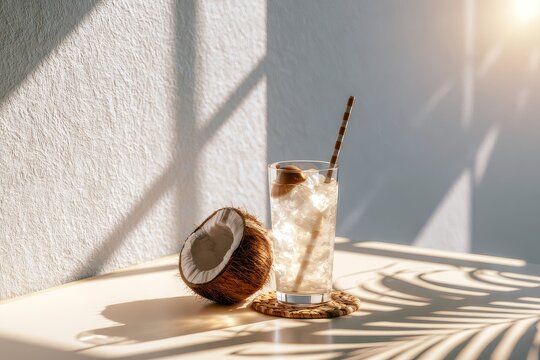 Coconut, as an overhead still life with clean spacing, fresh color and an inviting handcrafted