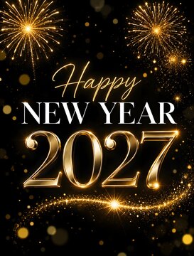 Happy new year 2027 greeting card design with golden metallic numbers and bright glowing firework explosions on a dark black background for a festive holiday celebration party