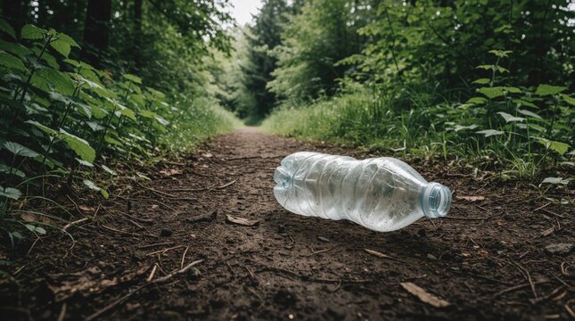 Single clear plastic bottle lies on dirt forest path. Discarded rubbish rests near green trees, bushes. Environment pollution ruins natural landscape during walk. Littered waste creates ecological