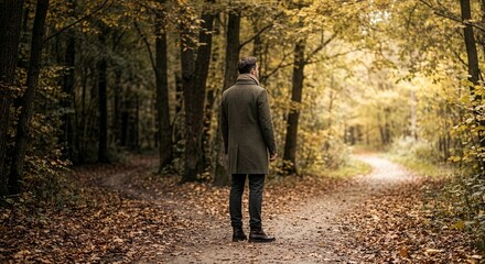 Fototapeta premium Person Walking Alone on an Autumn Forest Trail