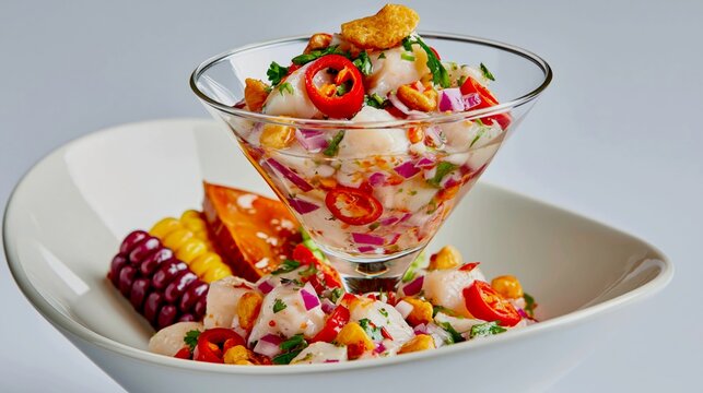 Peruvian Ceviche with Rainbow Corn, Sweet Potato, and Leche de Tigre