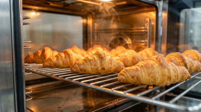 Fresh golden croissants baking on oven racks in professional bakery kitchen
