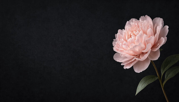 Pink peony with layered petals and green leaves against a dark textured background, leaving generous empty space for floral design and text.