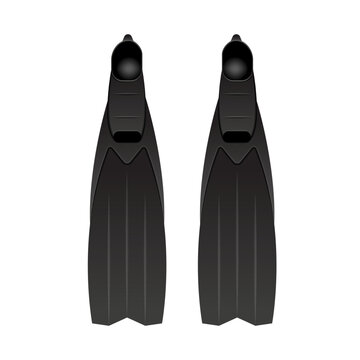 A pair of long black carbon long flippers top view blank mockup realistic vector 3d model isolated on white background, diving fins for scuba diving, freediving and spearfishing activity equipment.