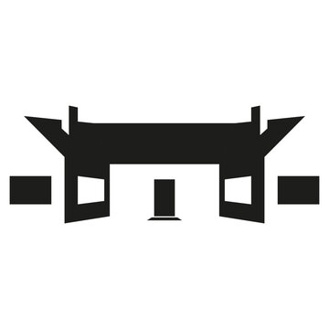 Modern silhouette house logo wide creative residence facade with isometric symmetrical architectural roof lines, real estate negative space style icon.