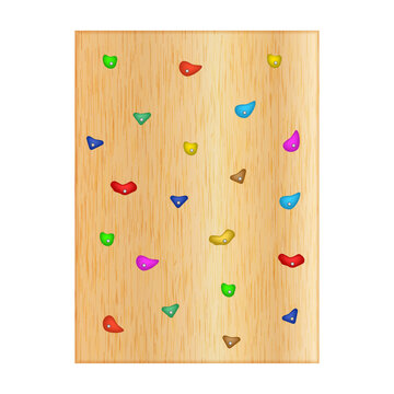 Realistic vector illustration of a wooden climbing wall with colorful holds for indoor bouldering gym promo, adventure park poster, and sports training facility background.