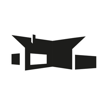 Isometric silhouette house logo negative space style, modern villa facade with a butterfly roof and garage for real estate agency, construction firm identity, architectural studio or cottage design