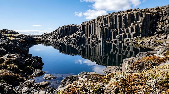 Basalt columns forming a natural pool in a rugged icelandic landscape under a bright blue sky