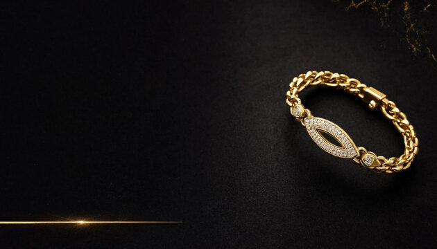 Gold chain bracelet with a jeweled oval clasp rests on dark black fabric, illuminated by a subtle golden highlight and surrounded by generous copy space.
