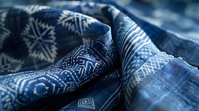 Shibori Indigo Dyed Cotton Fabric with Geometric Resist Pattern