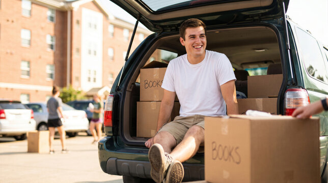 Happy college student sitting in the back of a car while moving into a dormitory with cardboard boxes
