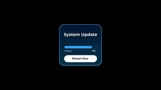 Computer system update progress bar with restart button on dark background, technology concept