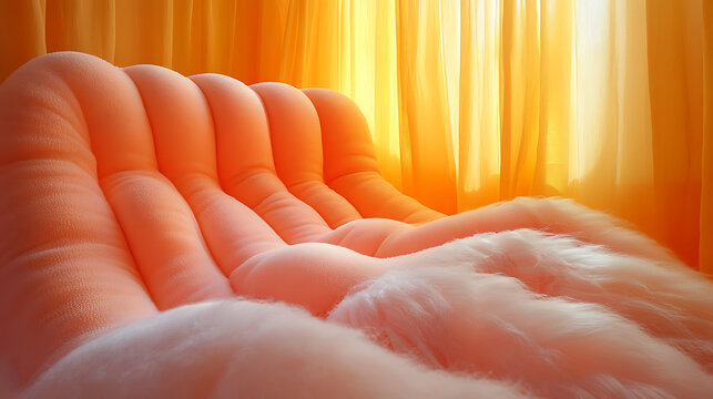 Detailed pastel cartoon depiction of soft padding for high chair edges in calming peach and soft yellow against a stark white backdrop 