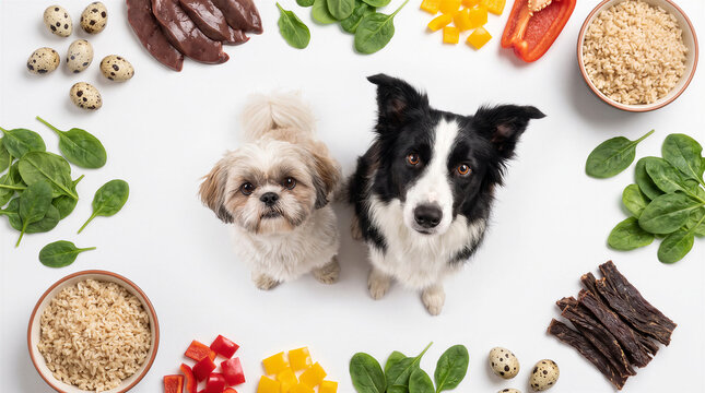 Two dogs sitting surrounded by fresh healthy dog food ingredients isolated on white background