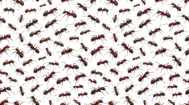 Many small brown ants walking in various directions forming a dense pattern isolated on high quality clean on white background