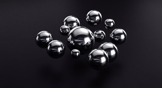Abstract shiny black spheres with reflections on dark background, minimalist composition, 3D render of liquid chrome balls