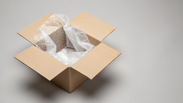 Open Cardboard Box Packed with Protective Bubble Wrap Cushioning