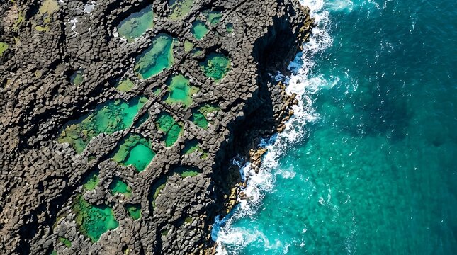Aerial view of natural volcanic rock tide pools along a rugged coastline with turquoise ocean water