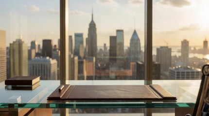 Fototapeta premium Modern office desk with city skyline view from high rise window at sunset.