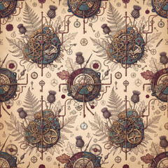 Naklejka premium Steampunk Botanical Clockwork Seamless Pattern