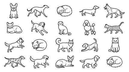 Fototapeta premium Collection of dog and cat line art illustrations in various poses