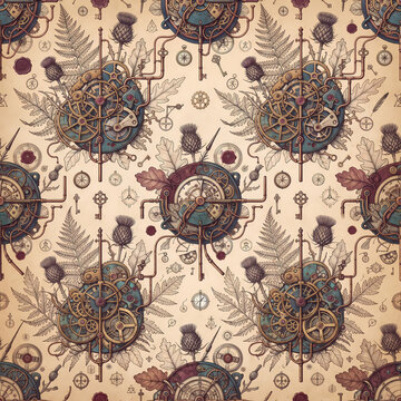 Steampunk Botanical Clockwork Seamless Pattern