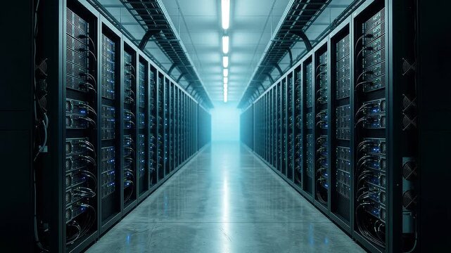 Empty data center server aisle with blinking blue LED indicator lights and glowing corridor, no people