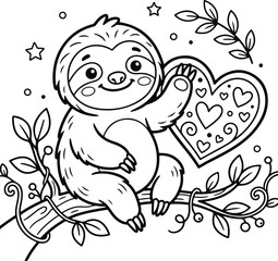 Naklejka premium Cute cartoon sloth sitting on a branch holding a decorative heart, coloring page for kids