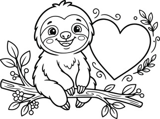 Naklejka premium Cute cartoon sloth sitting on a tree branch next to a large heart, coloring page for kids