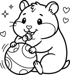 Obraz premium Cute cartoon hamster eating a snack and holding a patterned ball