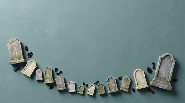 Curved arrangement of miniature graveyard tombstones on muted green background for eerie Halloween celebration design