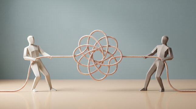 Conflict resolution and business negotiation concept featuring two figures pulling a complex tangled rope knot