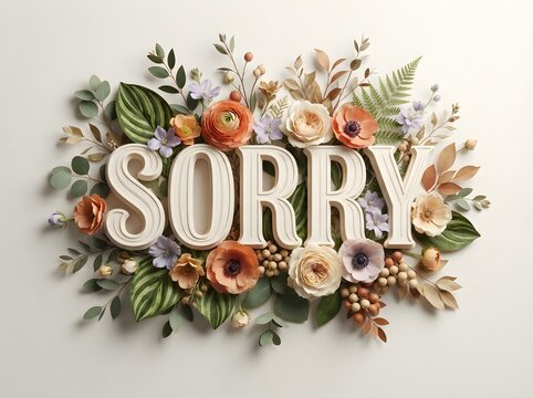 Floral sorry message with paper flowers and leaves a heartfelt apology concept on a white background